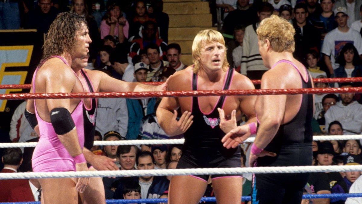 Bret Hart, Owen Hart, Bruce Hart arguing at Survivor Series 1993