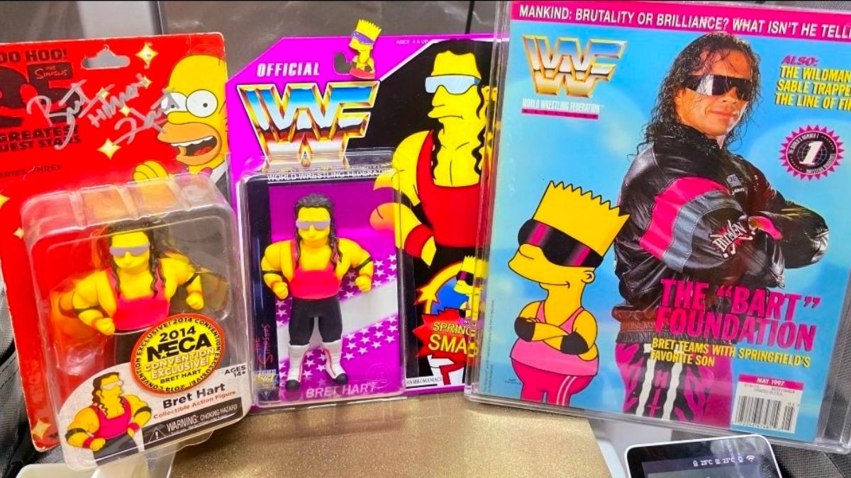 Bret Hart Simpsons action figures and WWF Magazine with Bart Simpson