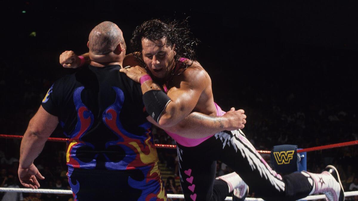 Bret Hart hitting a clothesline on Bam Bam Bigelow at WWE King of the Ring 1993