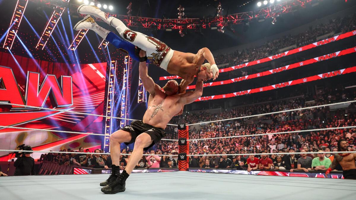 Brock Lesnar hitting an F5 to Cody Rhodes on Raw after WrestleMania 39