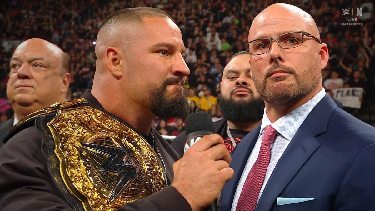 Bron Breakker growling at Adam Pearce