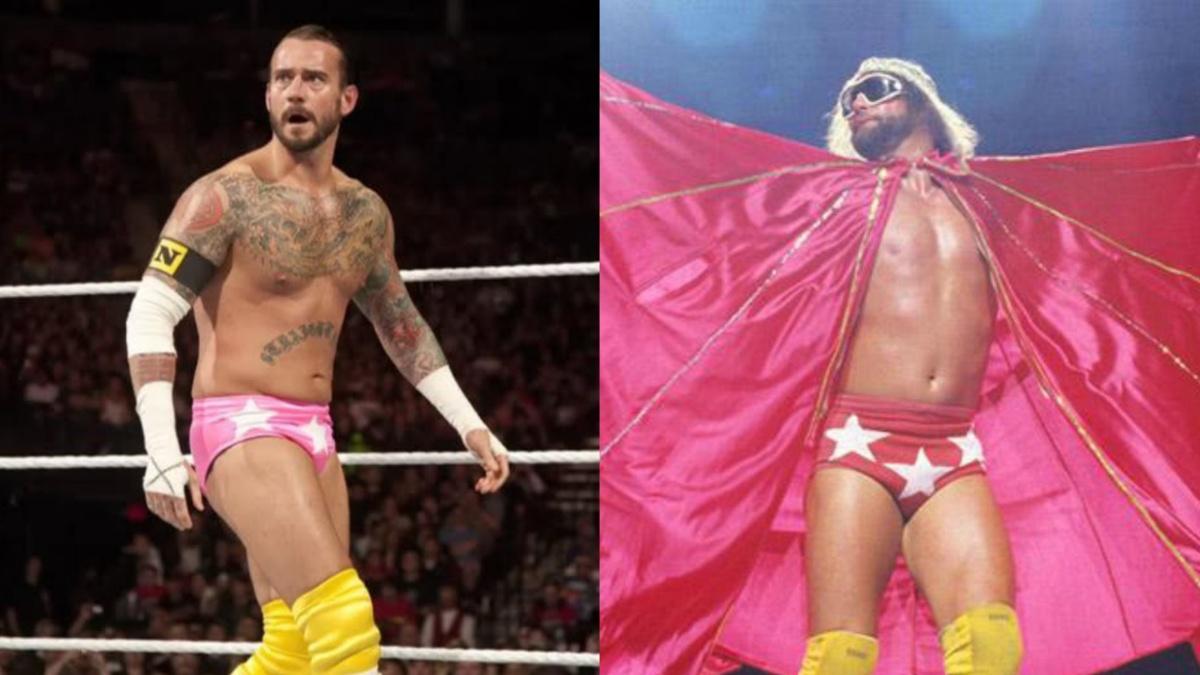 Randy Savage and CM Punk wearing pink attire