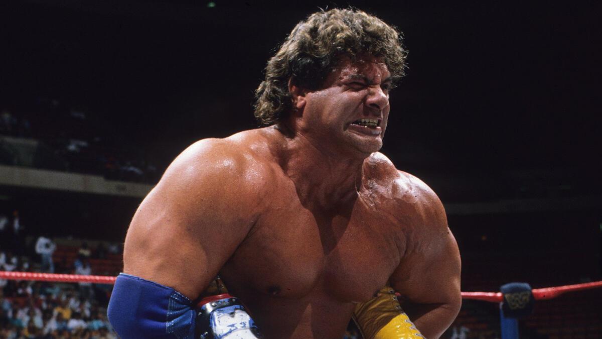 Don Muraco scrunching his face together while he has his opponent trapped in a Boston Crab