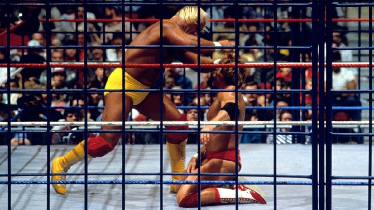 Hulk Hogan hitting Paul Orndorff during their Steel Cage Match on WWE Saturday Night's Main Event