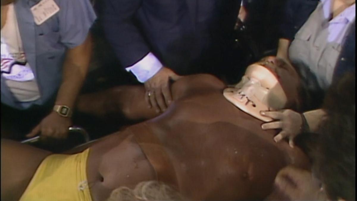 Hulk Hogan on a stretcher on March 1, 1986 episode of WWE Saturday Night's Main Event