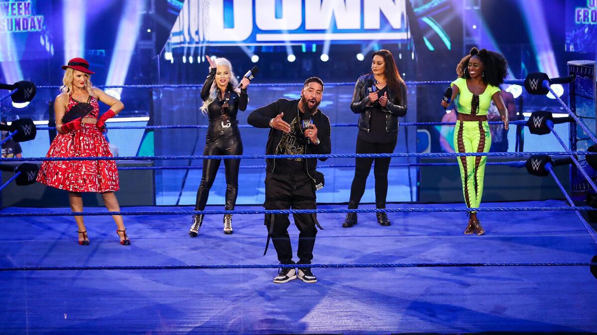 Jey Uso with Dana Brooke, Naomi, Tamina and Lacey Evans hosting a Karaoke Showdown on WWE SmackDown in 2020