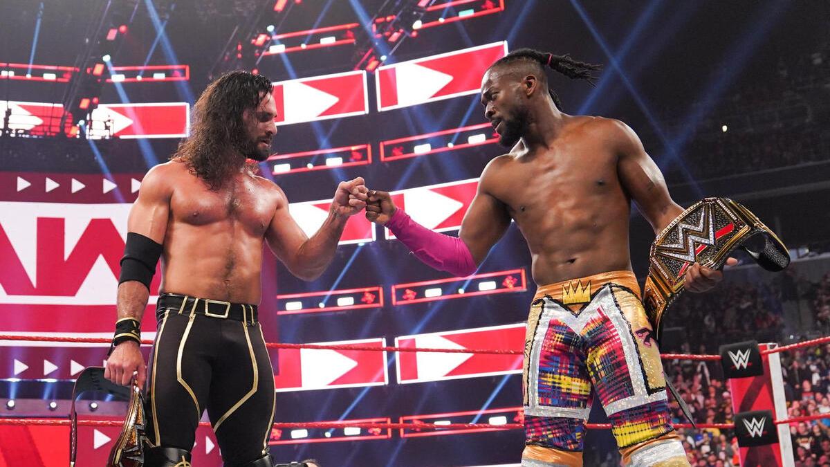 Seth Rollins and Kofi Kingston fist bumping on Raw after WrestleMania 35