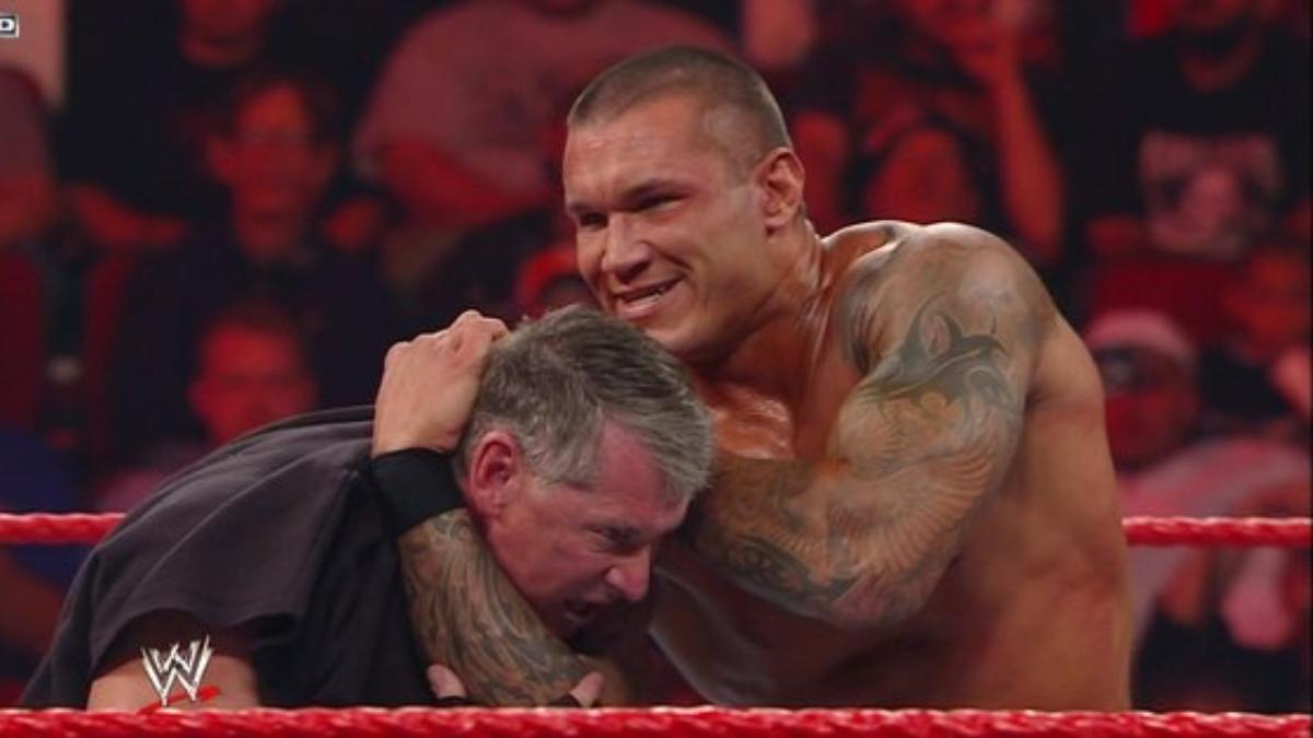 Vince McMahon being held by Randy Orton on Raw after WrestleMania XXV