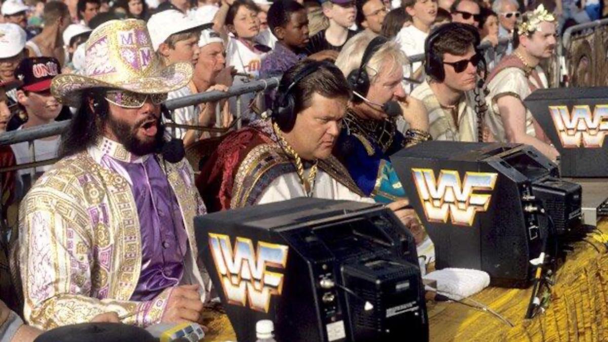 Randy Savage on the left, Jim Ross in the middle, and Bobby Heenan on the right providing commentary at WWE WrestleMania IX