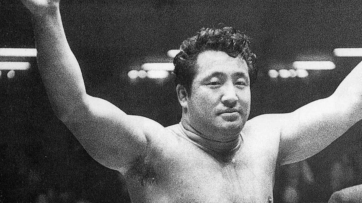 Rikidozan in a pro wrestling ring black and white image