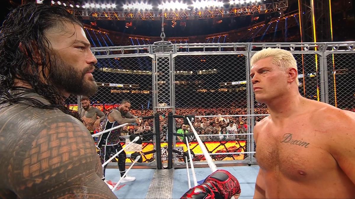 Roman Reigns and Cody Rhodes staring at each other inside WarGames at WWE Survivor Series
