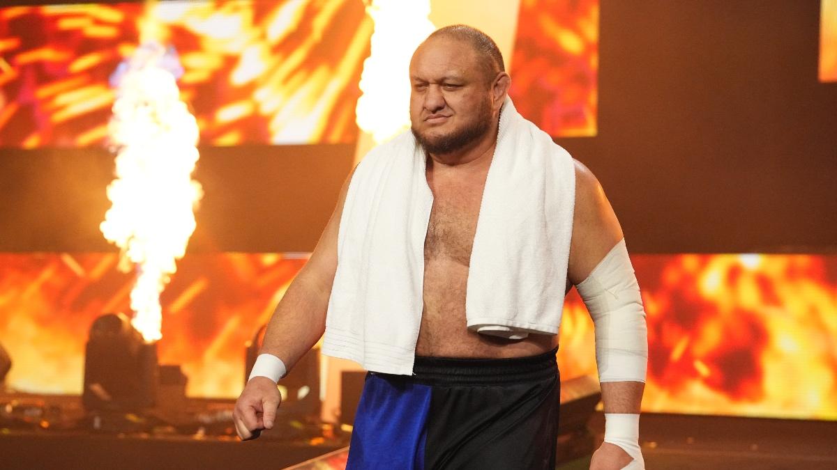 Samoa Joe with a white towel around his shoulders walking to the ring at AEW WrestleDream 2025