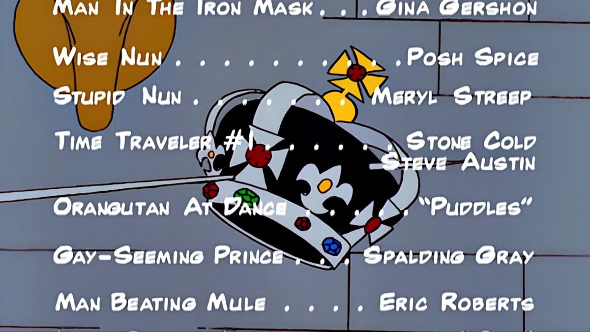 A cast list for 'The Poke of Zorro' in The Simpsons which lists Stone Cold Steve Austin as Time Traveler #1