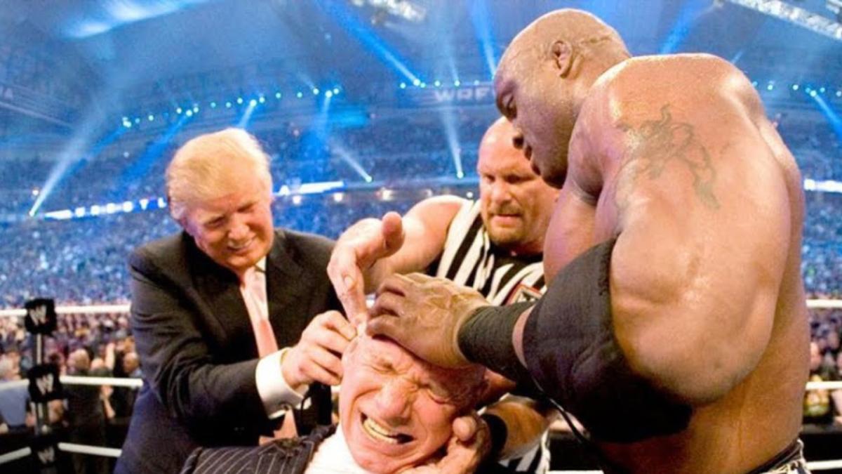 Donald Trump, Steve Austin and Bobby Lashley shaving Vince McMahon's head at WWE WrestleMania 23
